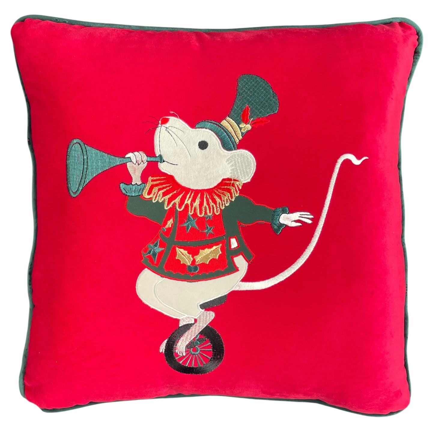 cuscino velluto cirque de Noël rosso - topino su monociclo