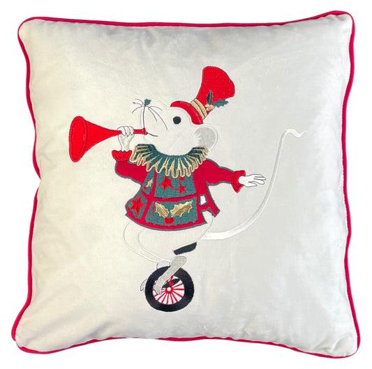 cuscino in velluto cirque de Noël panna - topino su monociclo