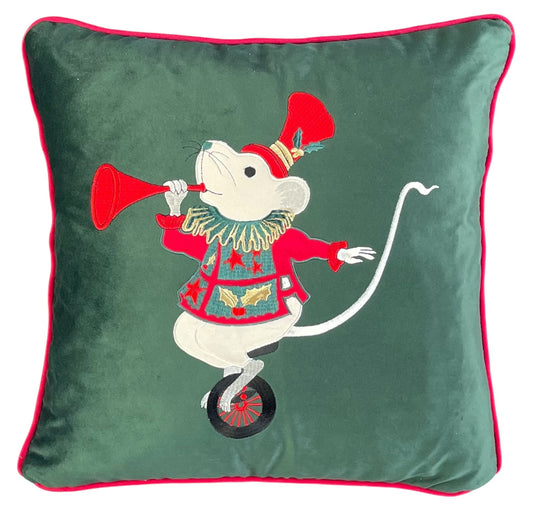 cuscino in velluto cirque de Noël verde - topino su monociclo