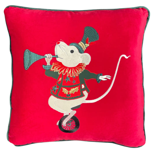 cuscino velluto cirque de Noël rosso - topino su monociclo