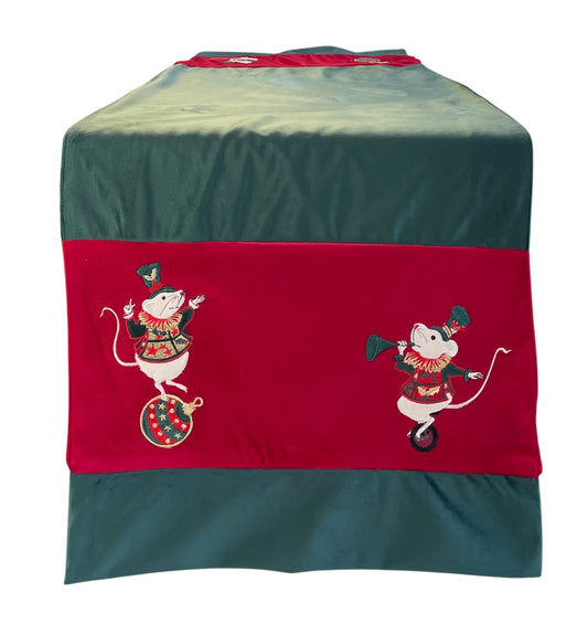 runner in velluto cirque de Noël verde-rosso con topini giocolieri