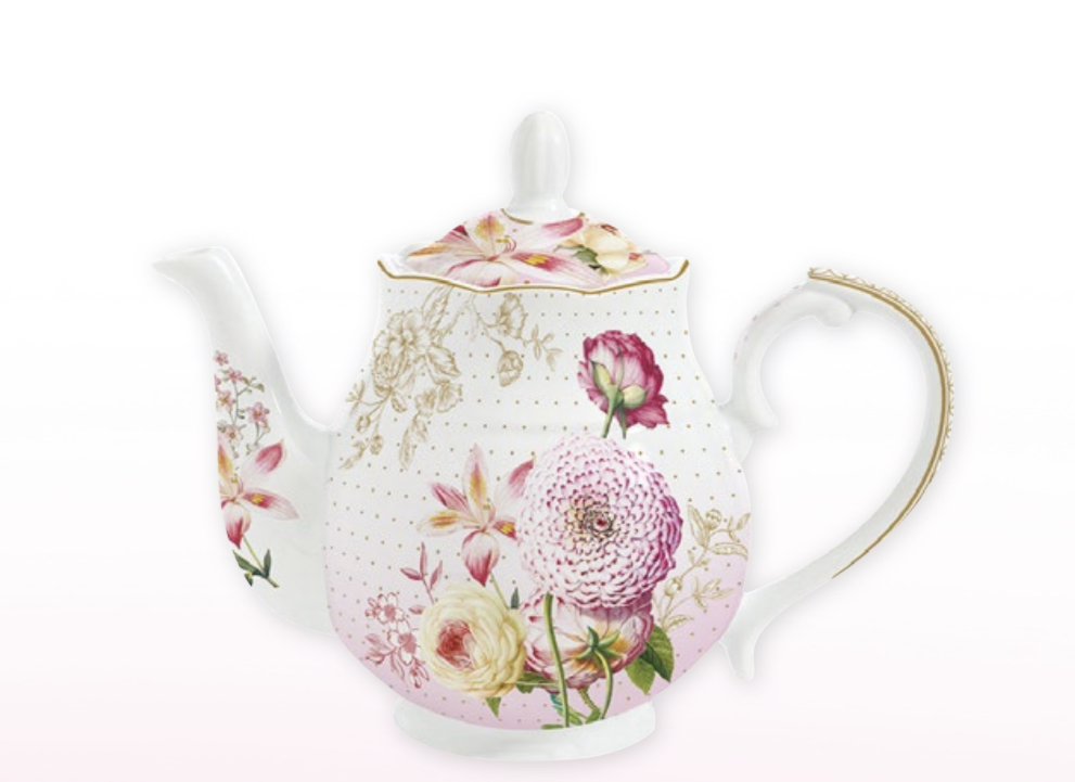 teiera in porcellana con decori fiori rosa – Il Nastro Bianco